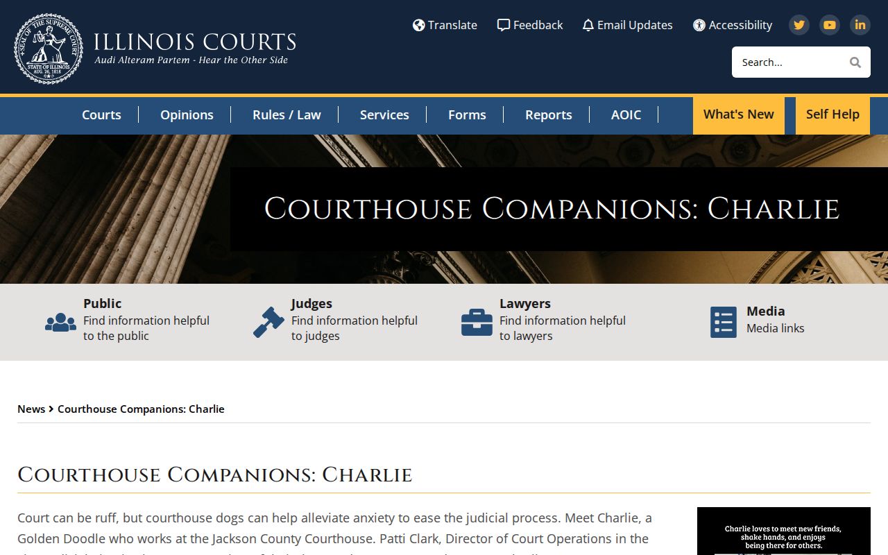 Official Illinois Courts feature about Jackson County courthouse therapy dog Charlie