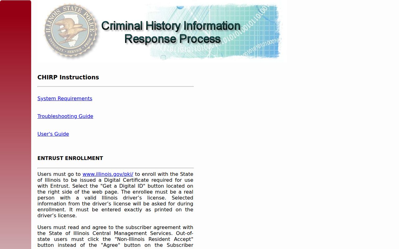 Illinois State Police CHIRP authentication page for conviction inquiries
